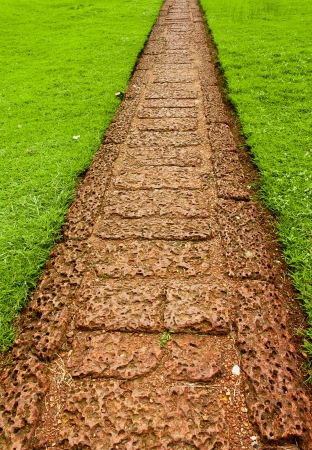 Garden path with grass growing up between the stones の写真素材