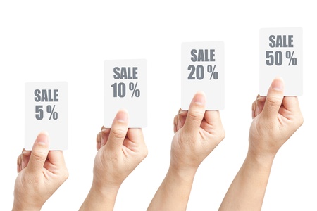 Hand of women holding blank paper label or tag on white background 