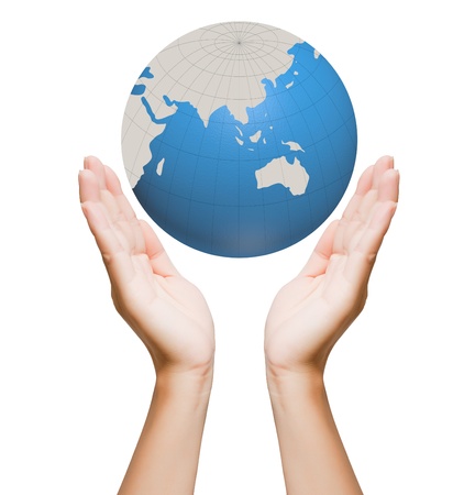 World in hands, global business on background whiteの写真素材