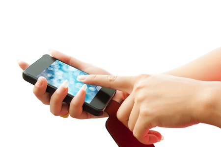  hand women touch smart phone in hand on white background の写真素材