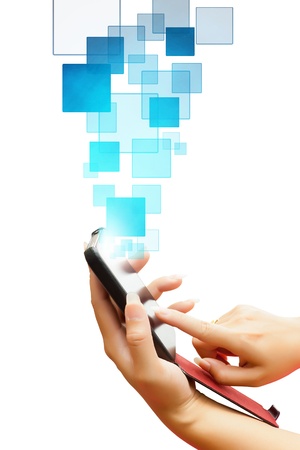 hand of business women pushing on a touch screen interface on smart phone  isolated white backgroundの写真素材