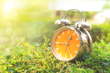 Alarm clock in sunlit on background spring field green and yellow