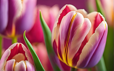 Beautiful colorful tulips. Macro view, focus, close-up. Blurry background.の素材