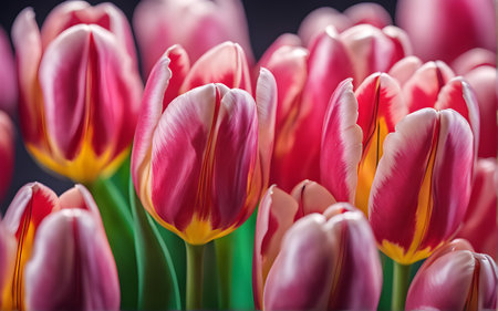 Beautiful colorful tulips. Macro view, focus, close-up. Blurry background.の素材