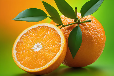 Fresh tangerine fruit on green background with orange leaves. Bright colors. Macro view. Sharp details.の素材