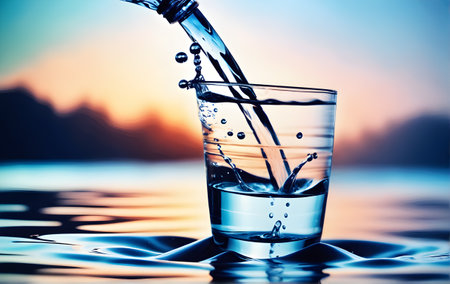 Pour water into the glass that is in the water. Create beautiful waves, water drops, and water splashes. Macro view.の素材