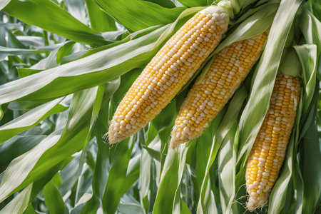 bright yellow corn green corn leaf backgroundの素材