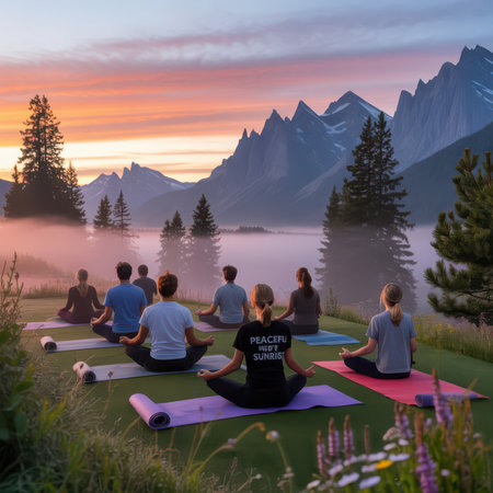 Group of people meditating on yoga mat in front of mountain lakeの素材