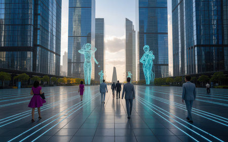 Silhouette of business people walking in the city. 3d renderingの素材
