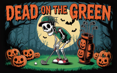 Vector illustration of Halloween background with skeleton playing golf and pumpkins.の素材