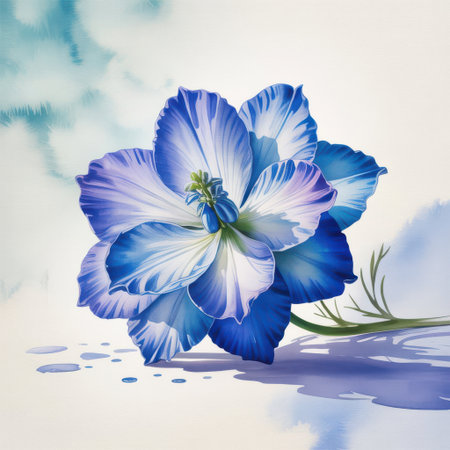 Blue and white iris on a background of blue sky with cloudsの素材