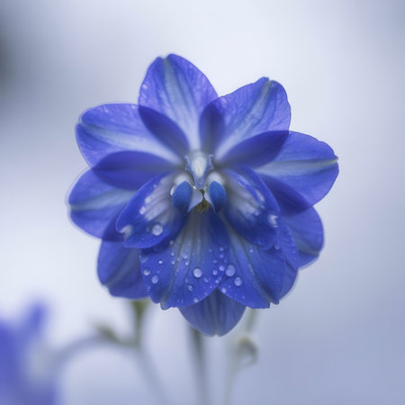 Blue flower with water droplets on the petals. Shallow depth of field.の素材