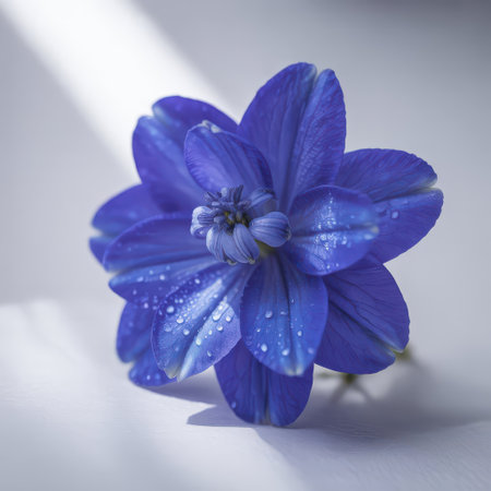 Beautiful blue flower with water drops on a white background. Selective focus.の素材