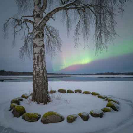 Northern lights over a frozen lake in winter, with birches and stonesの素材