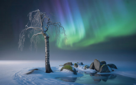 Northern lights in the night sky above a frozen lake. 3d renderingの素材