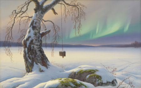 Aurora borealis, northern light over a winter landscape.の素材