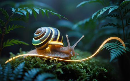 Snail crawling on green moss in the rainforest at night.の素材