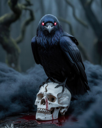 Black crow sitting on human skull in dark forest. Halloween concept.の素材
