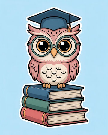 Owl in glasses and graduation cap with books. Vector illustration.の素材