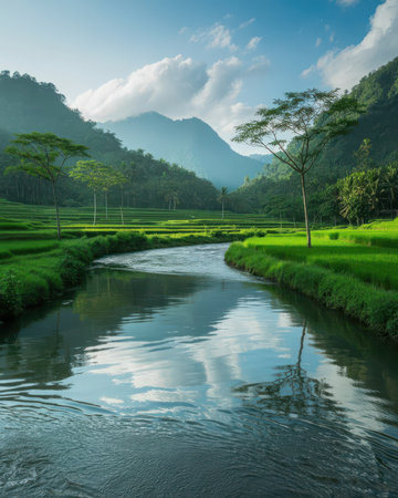 Rice field and river in the countryside of Chiang Mai, Thailandの素材