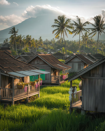 Rice terraces and wooden huts in Bali, Indonesiaの素材
