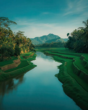 Rice field in the morning, Bali island, Indonesia.の素材