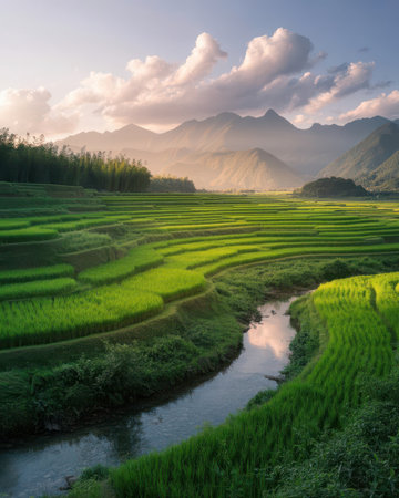 Rice field terraces at sunset in Sapa, Vietnam.の素材