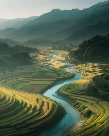Terraced rice field in water season at Mu Cang Chai, YenBai, Vietnam.の素材