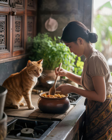 Asian woman cooking food in the kitchen with her cat at home.の素材