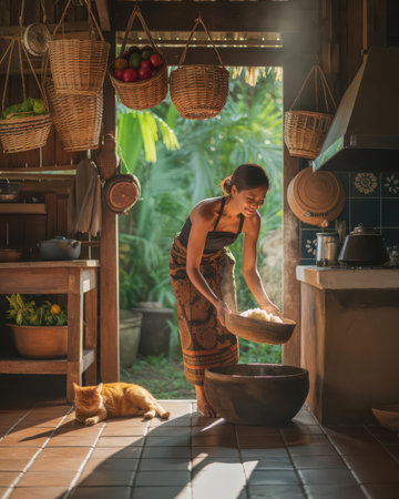 Asian woman with traditional Thai clothes washing her hair in the bath.の素材