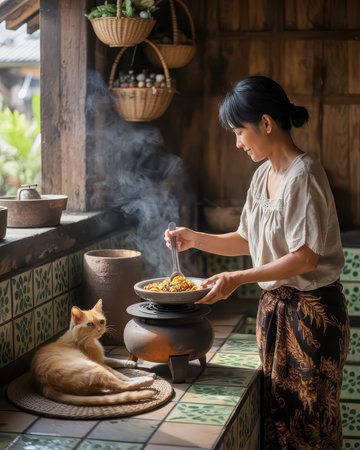 Asian woman cooking noodle in a pot with a cat on the backgroundの素材