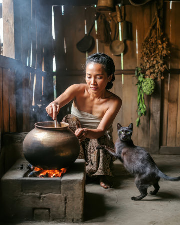 Asian woman in traditional clothes playing with cat in a pot in the kitchenの素材