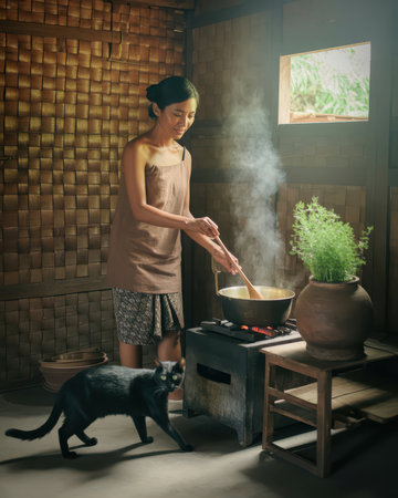 Asian woman cooking food in a pot in the kitchen at home.の素材
