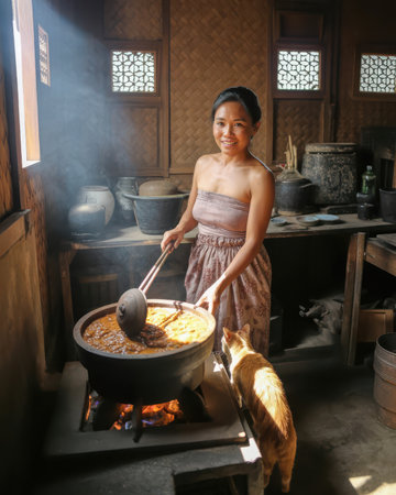 Asian woman cooking in a pot in the kitchen of a restaurant.の素材