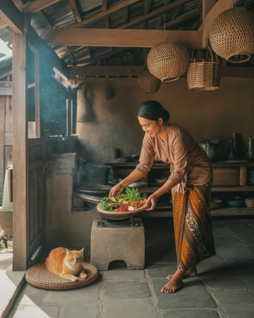Thai woman in traditional costume cooking food in the kitchen at homeの素材