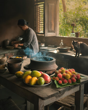 Thai people cooking at home in the morning. Thai food.の素材
