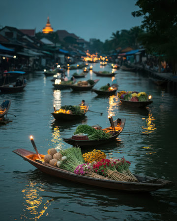 Floating market in the town of Bangkok at night, Thailand.の素材