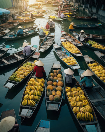 Unidentified Thai people sell fruit at the floating market in Ratchaburi, Thailand.の素材