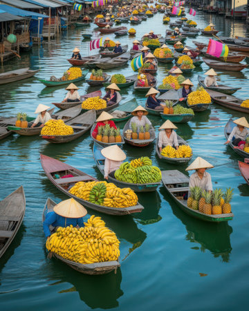 Unidentified Thai people sell fruits at the floating market in Ratchaburi, Thailand.の素材