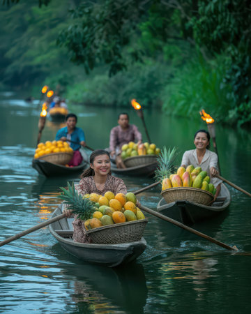 Unidentified Thai people sell fruits on the boat in Ratchaburi, Thailand.の素材
