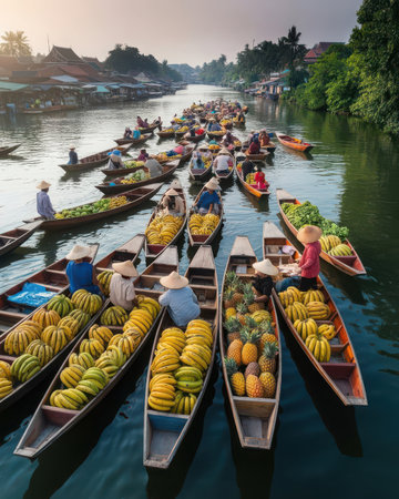 Unidentified Thai people sell fruits and vegetables on a boat at Damnoen Saduak floating market in Ratchaburi, Thailandの素材