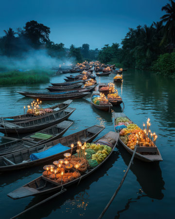 Traditional floating market in the Mekong delta at night, Vietnam.の素材