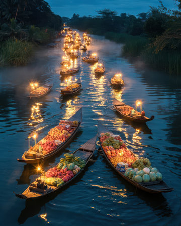 Traditional floating market in the Mekong Delta at night, Vietnam.の素材