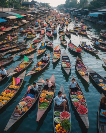 Unidentified Thai people sell fruits and vegetables at Damnoen Saduak floating market in Ratchaburi, Thailand.の素材