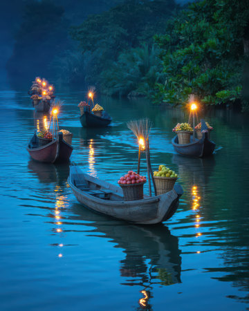 Fruit boats on the Mekong River at night, Vietnam.の素材