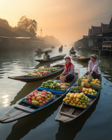 Unidentified Thai woman selling fruits at the floating market in the morning.の素材