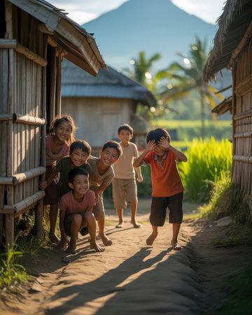 Group of asian children running in the rice field at sunset.の素材