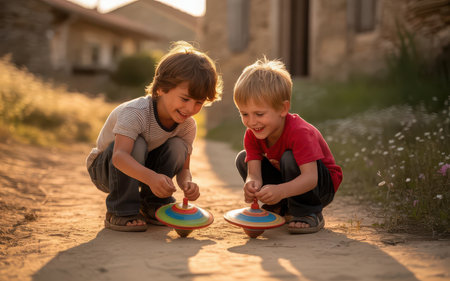 Two little boys playing with a multicolored wooden toy in the countrysideの素材