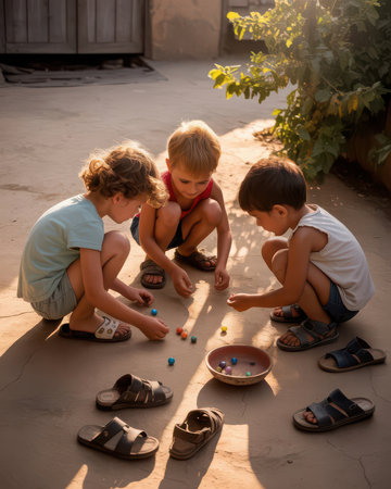 Group of children playing dominoes in the yard at sunset.の素材