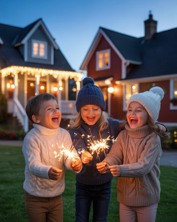 Happy children holding sparklers in front of house at christmas timeの素材